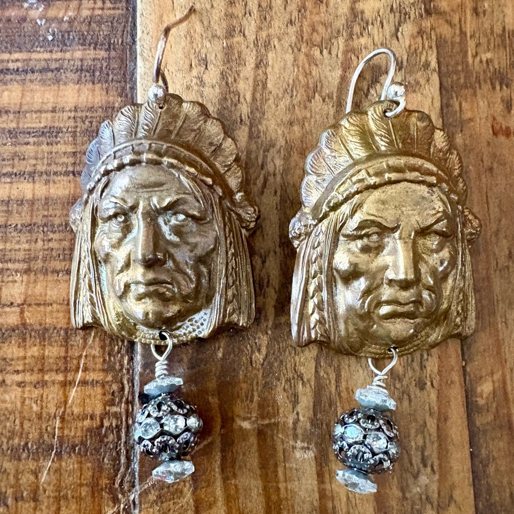 Artist made cigar Store Indian Chief earrings with a little bling